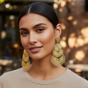 MOROCCAN BOHO Gold Filigree Discs Long Statement Earrings Festival Morocco